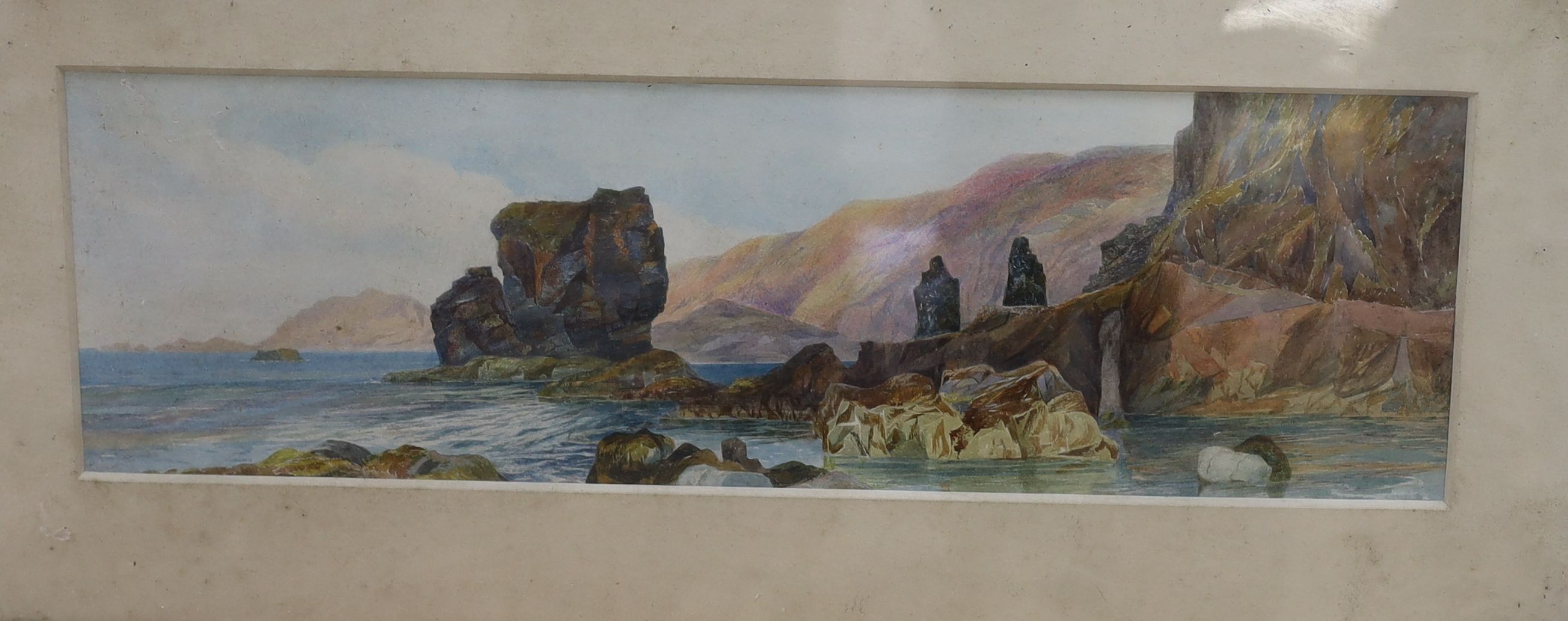 F.E. Thomas (19th C.), three watercolours, 'In a wood, Clackford, South Devon', 'Les Autelets, Sark' and Rocks beside the shore, two with artist labels verso, 24 x 52cm, 14 x 47cm and 27 x 36cm